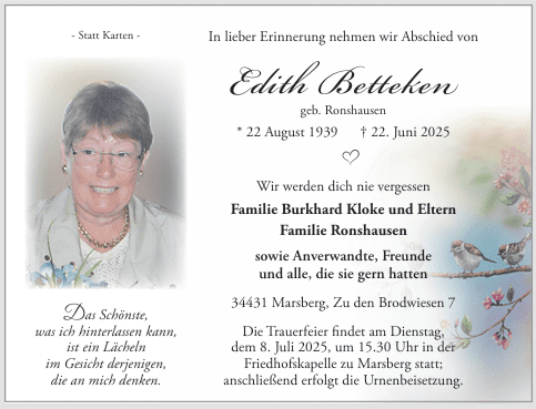 Betteken, Edith Anzeige