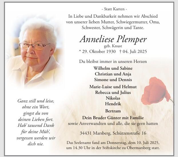 Plemper, Anneliese Anzeige 2